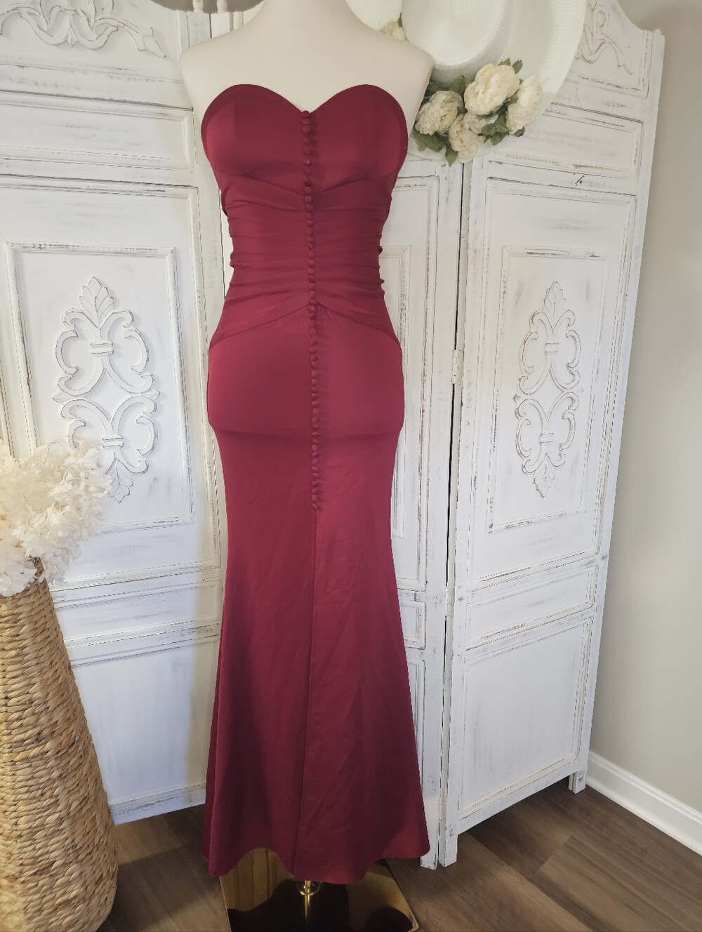 Kalinnu Burgundy Strapless Sweetheart Rushing Corseted Mermaid Formal Dress